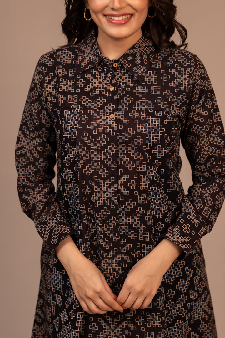 Black Ajrakh Printed Cotton Shirt Dress – Rekh