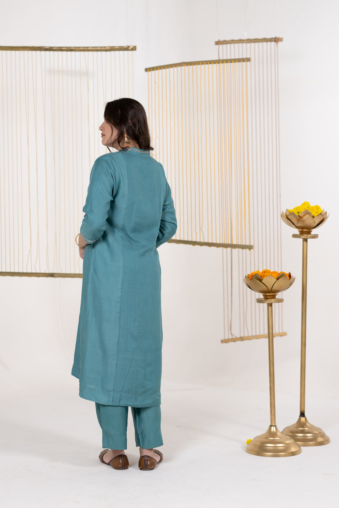 Deep Sea Kurta Set of 3 in Cotton Silk with Khat Work - Dhaaga