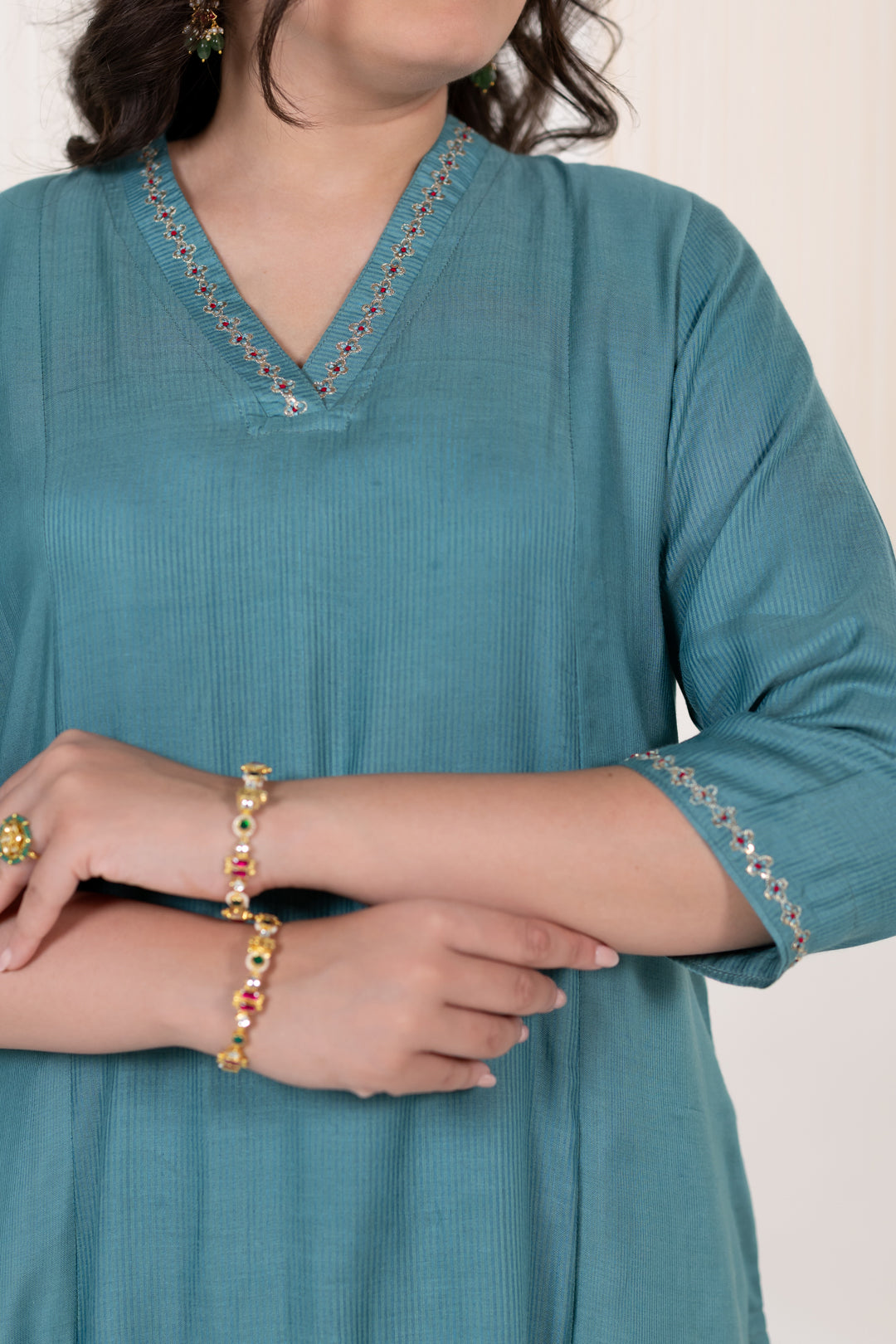 Deep Sea Kurta Set of 3 in Cotton Silk with Khat Work - Dhaaga