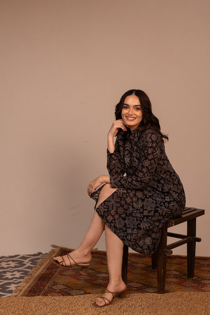 Black Ajrakh Printed Cotton Shirt Dress – Rekh