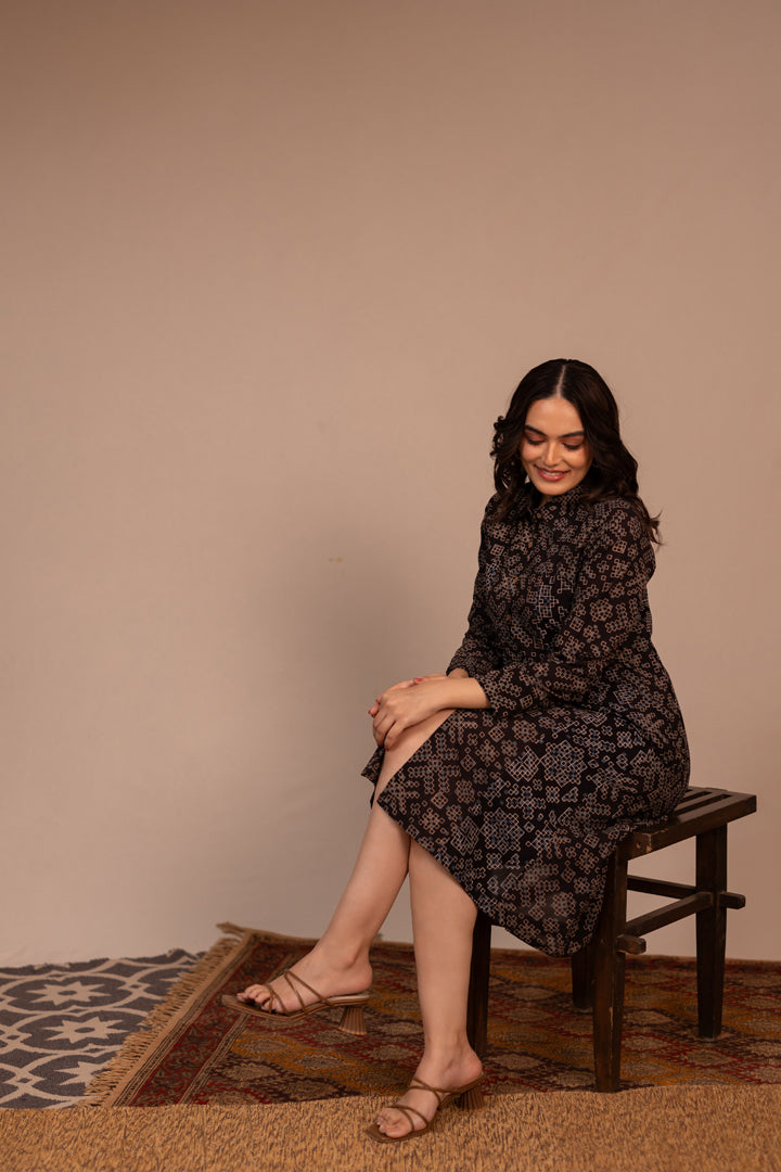 Black Ajrakh Printed Cotton Shirt Dress – Rekh
