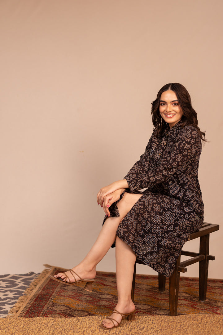Black Ajrakh Printed Cotton Shirt Dress – Rekh