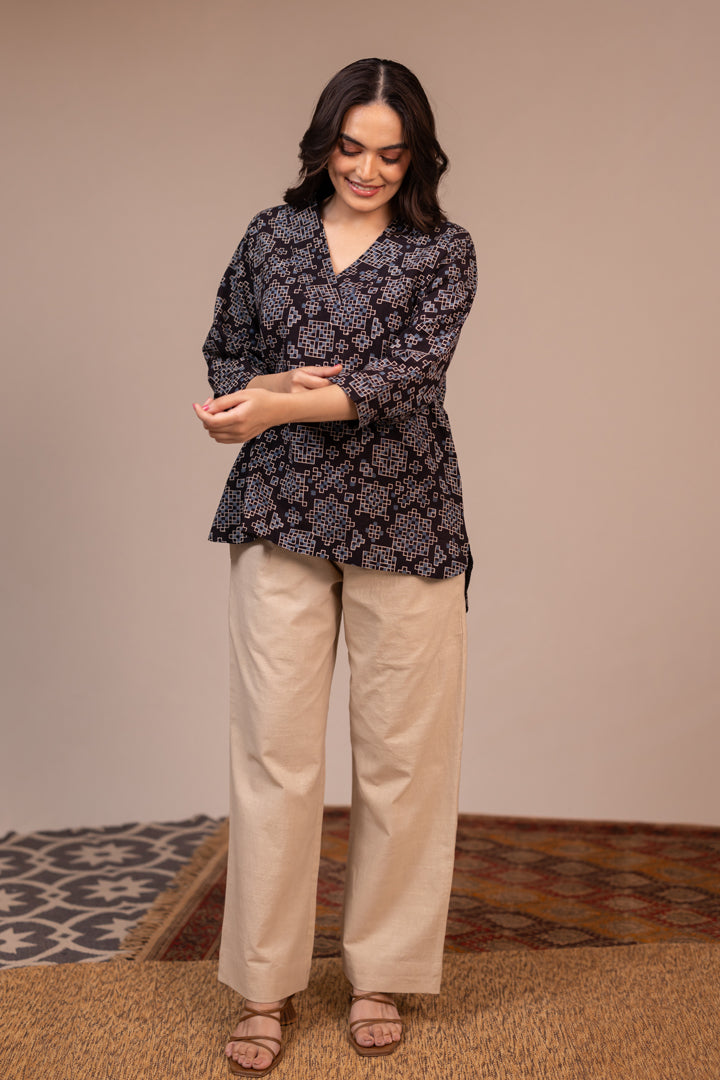 Black Ajrakh Hand Block Printed Cotton Top with V-Neck – Rekh