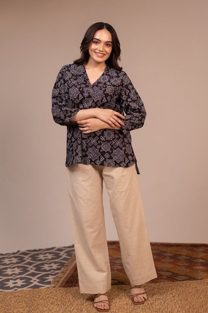 Black Ajrakh Hand Block Printed Cotton Top with V-Neck – Rekh