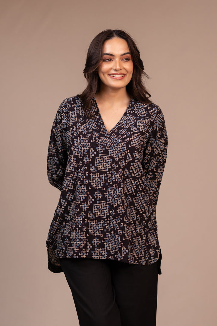Black Ajrakh Hand Block Printed Cotton Top with V-Neck – Rekh
