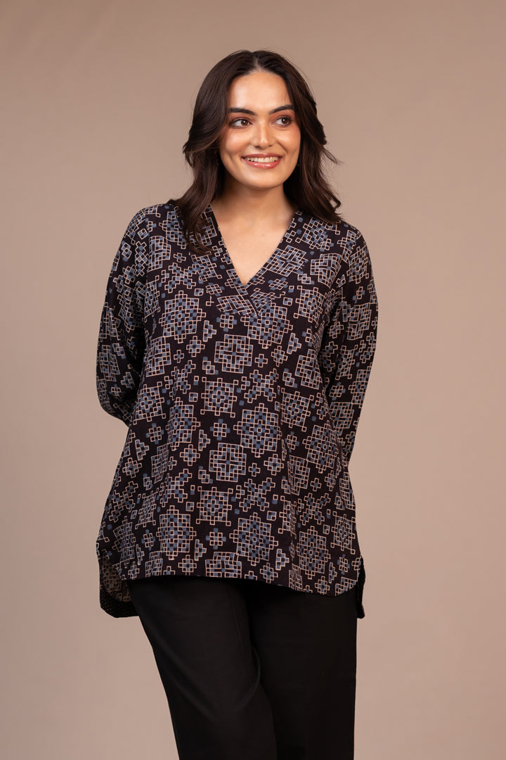 Black Ajrakh Hand Block Printed Cotton Top with V-Neck – Rekh