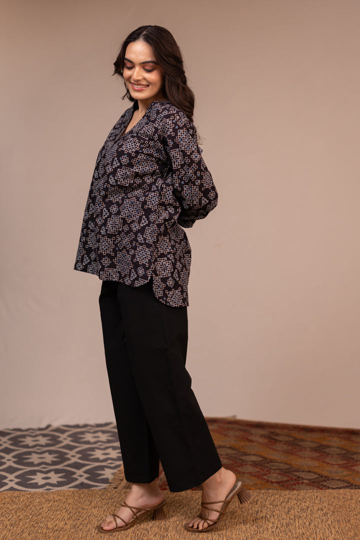Black Ajrakh Hand Block Printed Cotton Top with V-Neck – Rekh