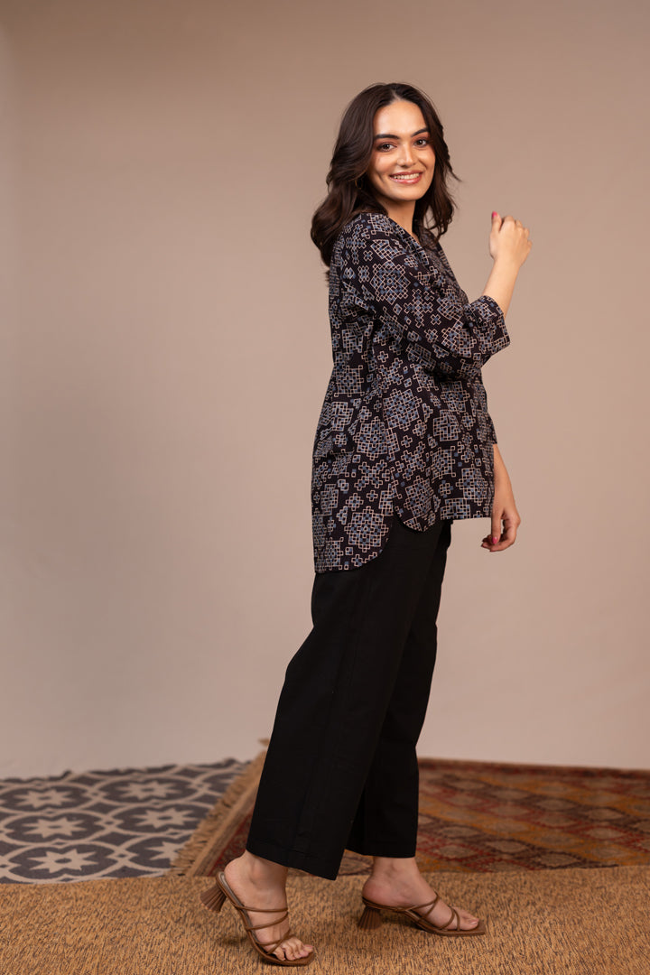 Black Ajrakh Hand Block Printed Cotton Top with V-Neck – Rekh