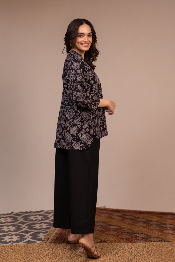 Black Ajrakh Hand Block Printed Cotton Top with V-Neck – Rekh