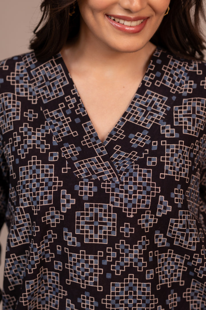 Black Ajrakh Hand Block Printed Cotton Top with V-Neck – Rekh