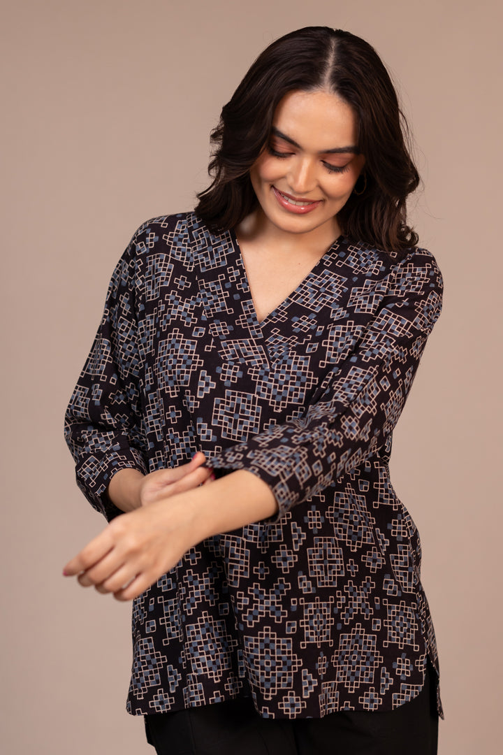 Black Ajrakh Hand Block Printed Cotton Top with V-Neck – Rekh