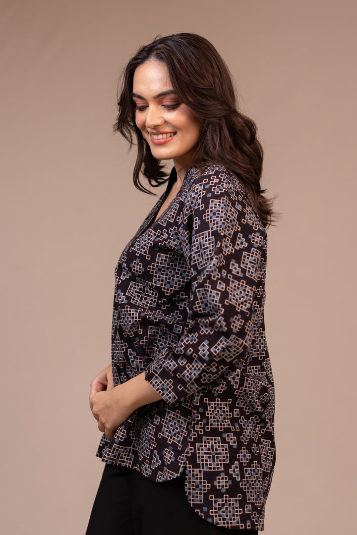 Black Ajrakh Hand Block Printed Cotton Top with V-Neck – Rekh
