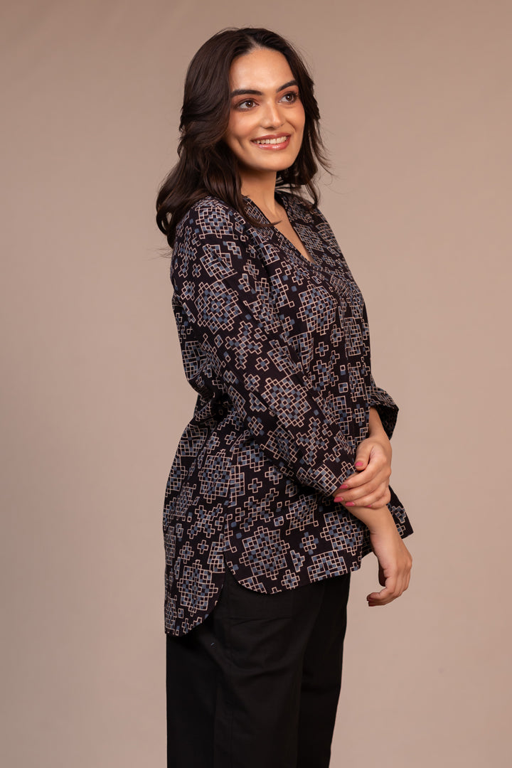 Black Ajrakh Hand Block Printed Cotton Top with V-Neck – Rekh