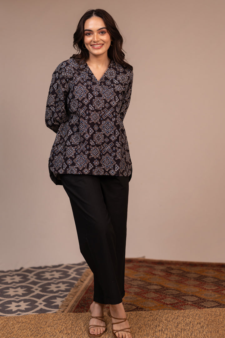 Black Ajrakh Hand Block Printed Cotton Top with V-Neck – Rekh