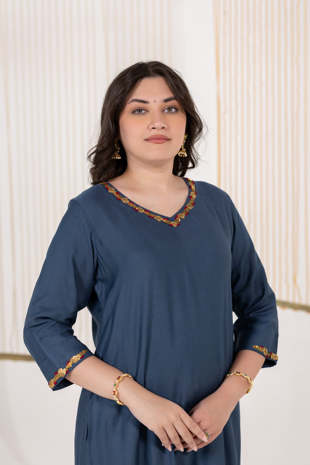 Ajrakh Blue Kurta Set of 3 in Cotton Silk with Khat Work - Dhaaga