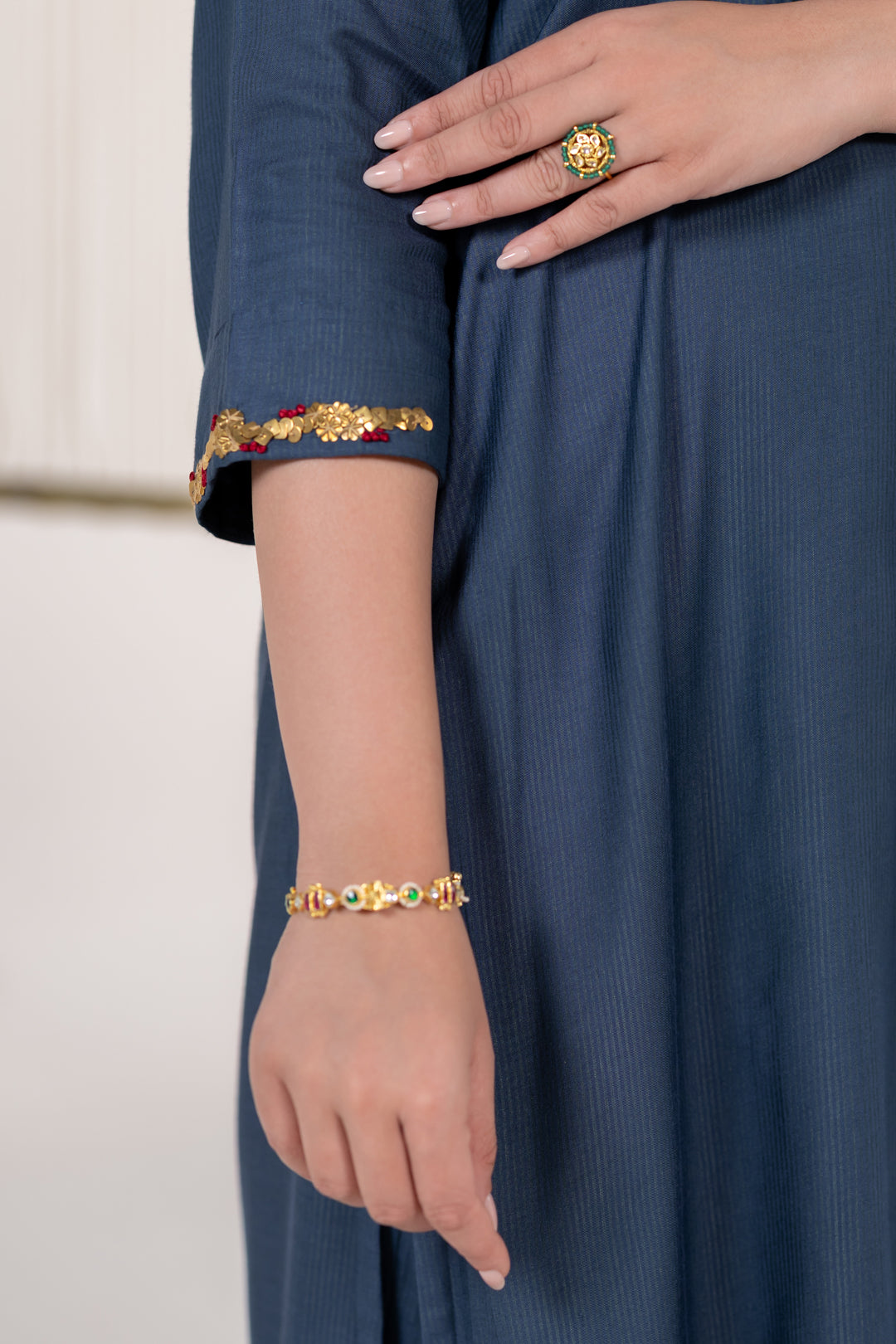 Ajrakh Blue Kurta Set of 3 in Cotton Silk with Khat Work - Dhaaga