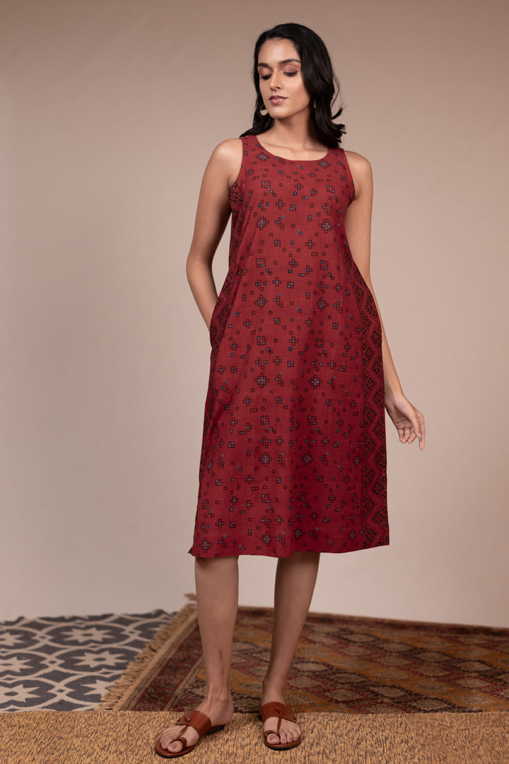 Maroon Ajrakh Hand Block Printed Cotton Sleeveless Dress – Rekh