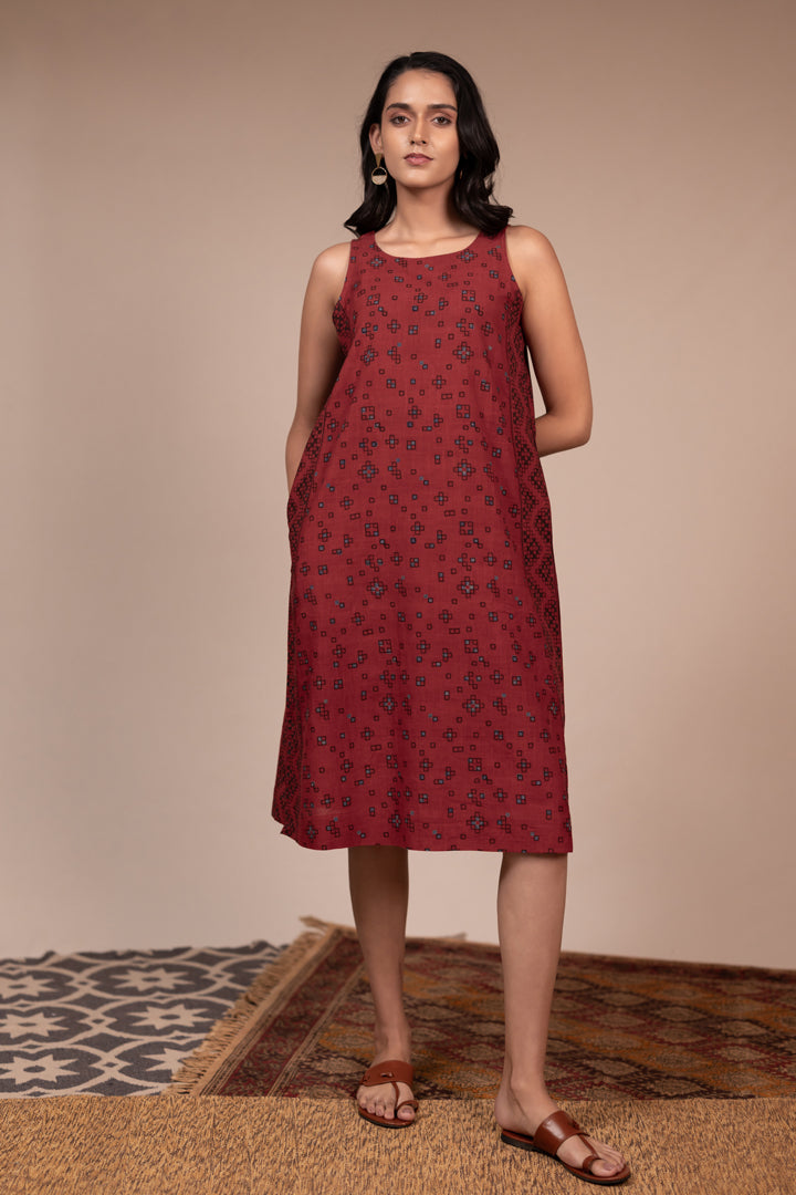 Maroon Ajrakh Hand Block Printed Cotton Sleeveless Dress – Rekh