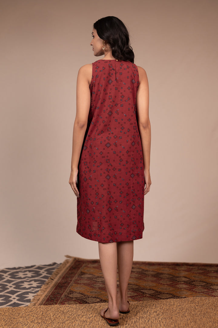 Maroon Ajrakh Hand Block Printed Cotton Sleeveless Dress – Rekh