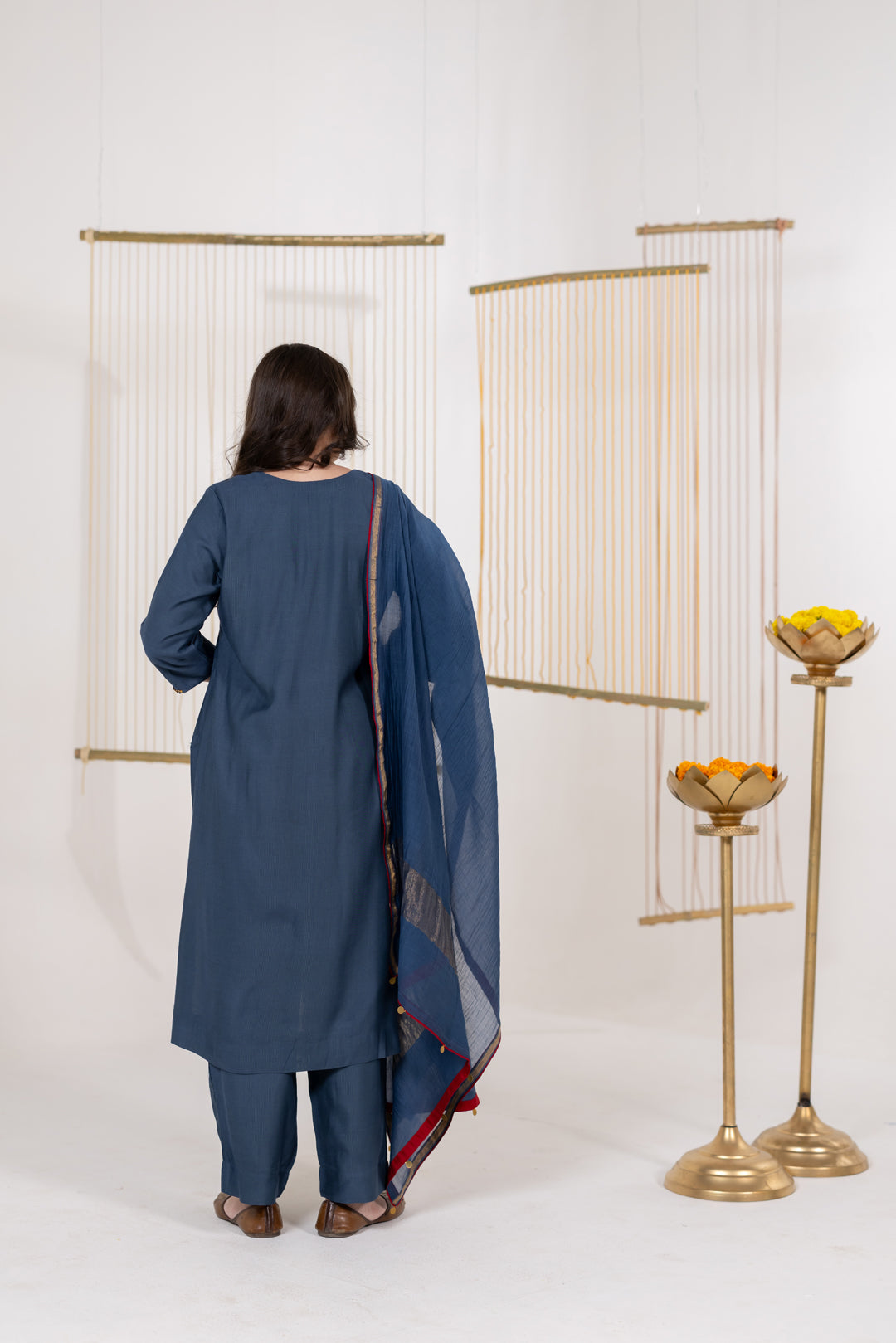 Ajrakh Blue Kurta Set of 3 in Cotton Silk with Khat Work - Dhaaga