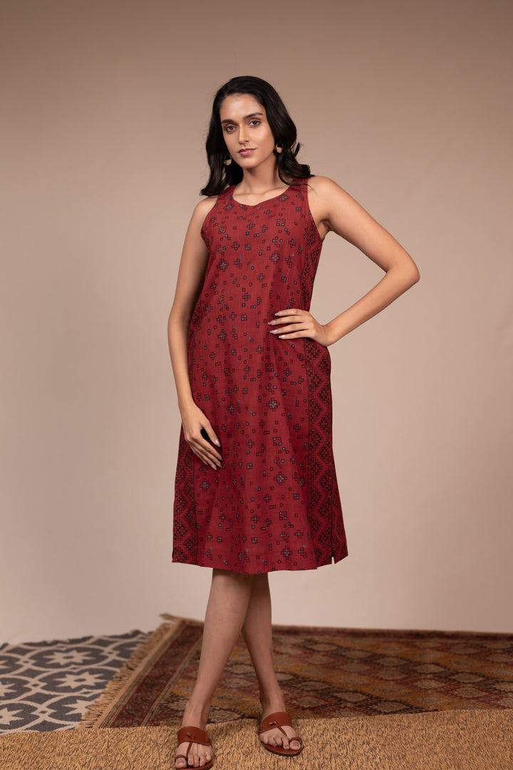 Maroon Ajrakh Hand Block Printed Cotton Sleeveless Dress – Rekh