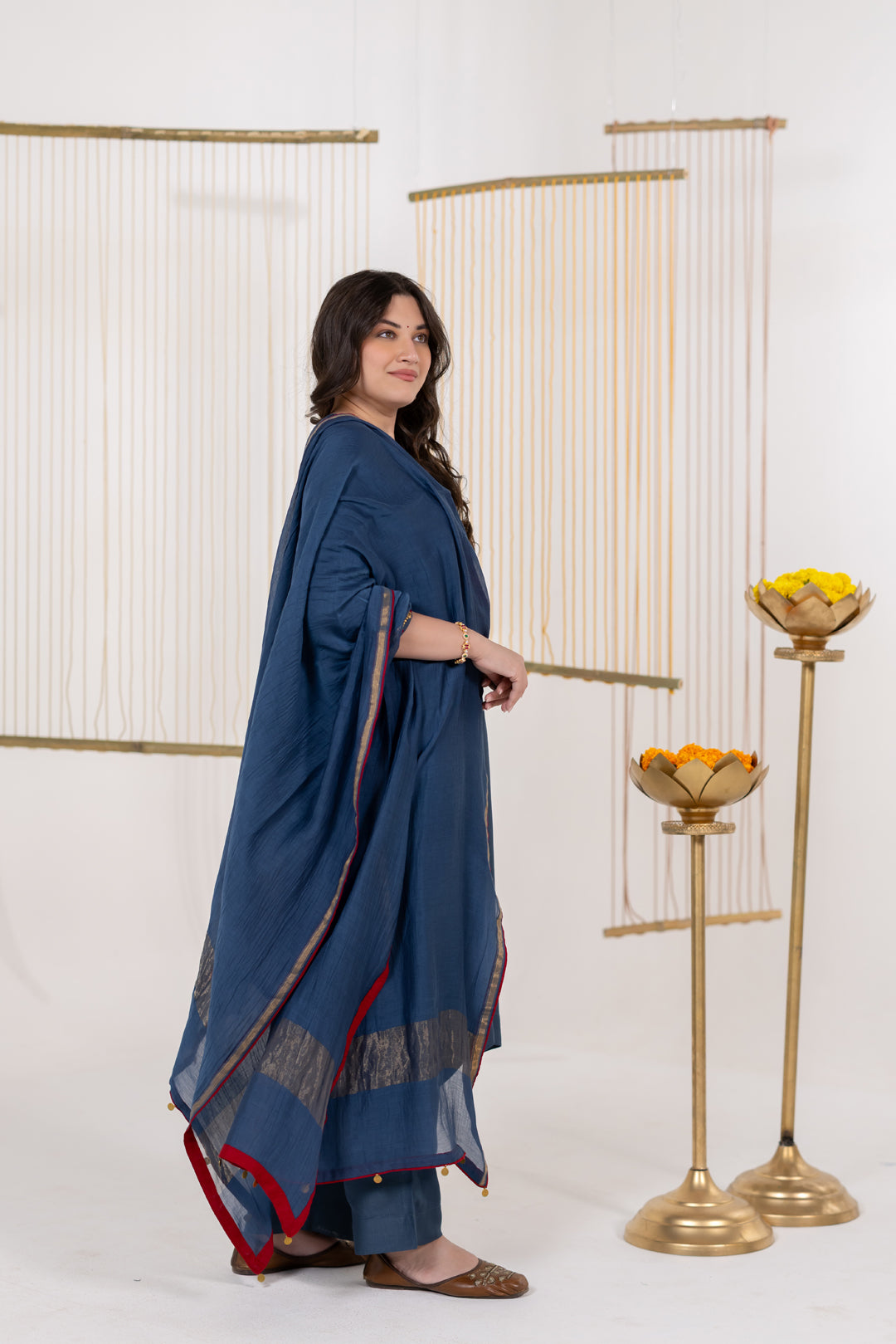 Ajrakh Blue Kurta Set of 3 in Cotton Silk with Khat Work - Dhaaga