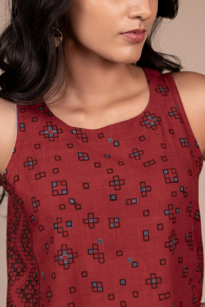 Maroon Ajrakh Hand Block Printed Cotton Sleeveless Dress – Rekh