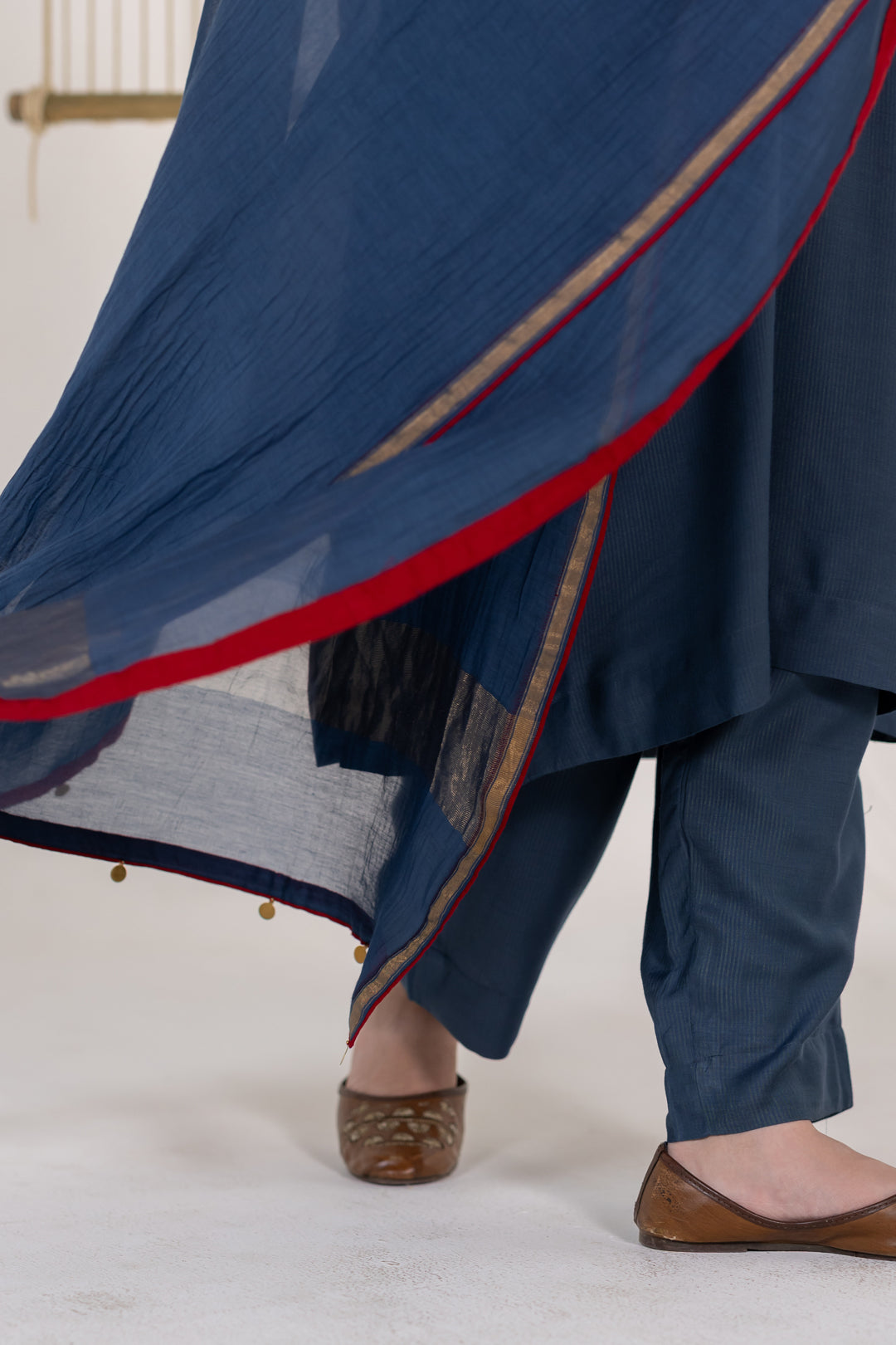Ajrakh Blue Kurta Set of 3 in Cotton Silk with Khat Work - Dhaaga