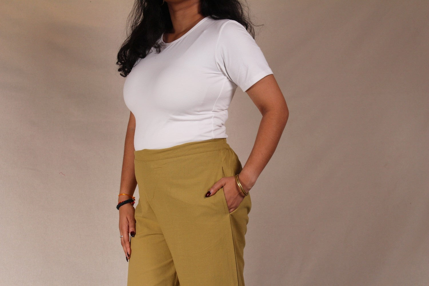 Green Beige Cotton Easy Pants for Women | Ray Ethnic