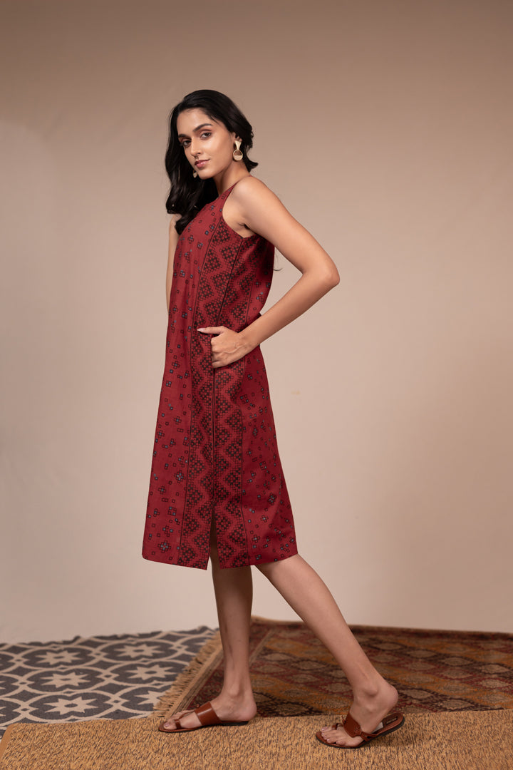 Maroon Ajrakh Hand Block Printed Cotton Sleeveless Dress – Rekh