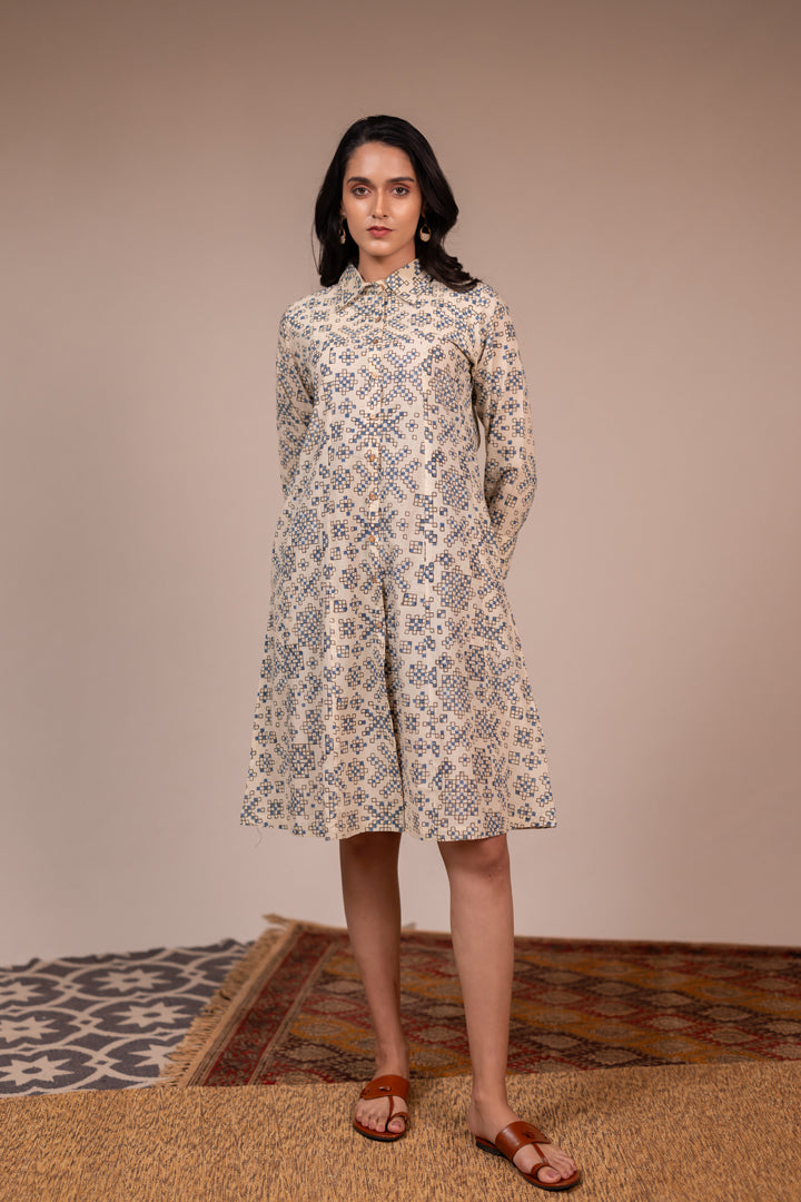 Ajrakh Printed Cotton Shirt Dress with Pockets in Off-White – Rekh