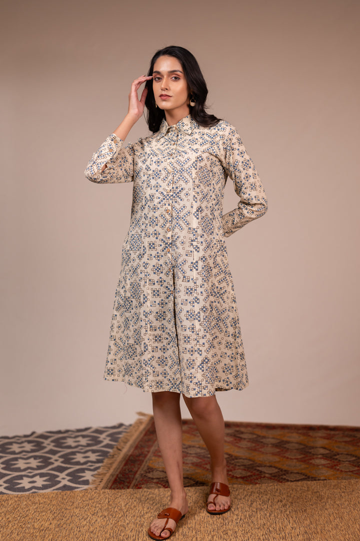 Ajrakh Printed Cotton Shirt Dress with Pockets in Off-White – Rekh