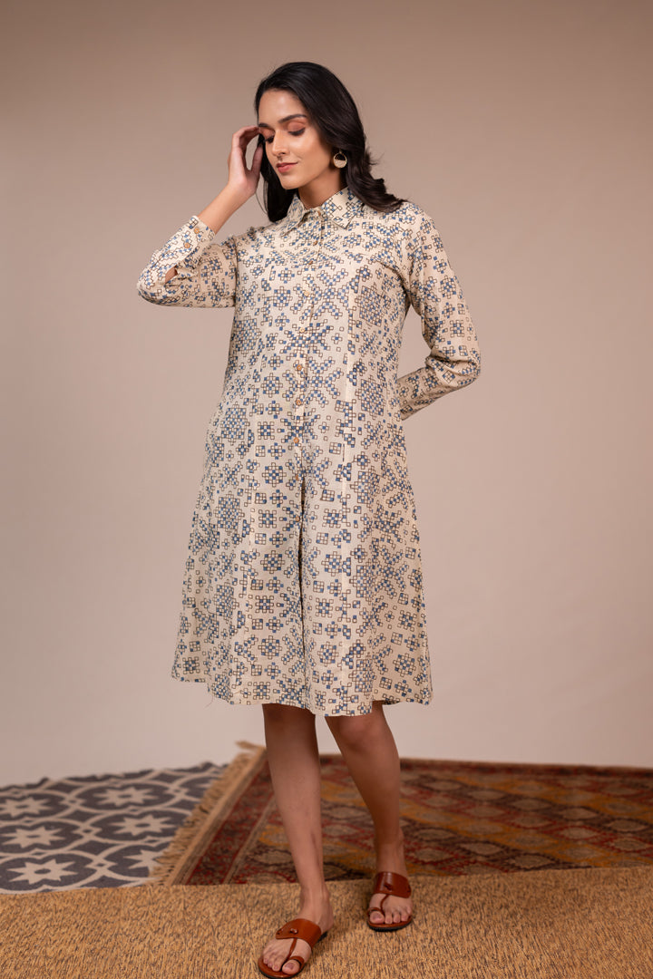 Ajrakh Printed Cotton Shirt Dress with Pockets in Off-White – Rekh