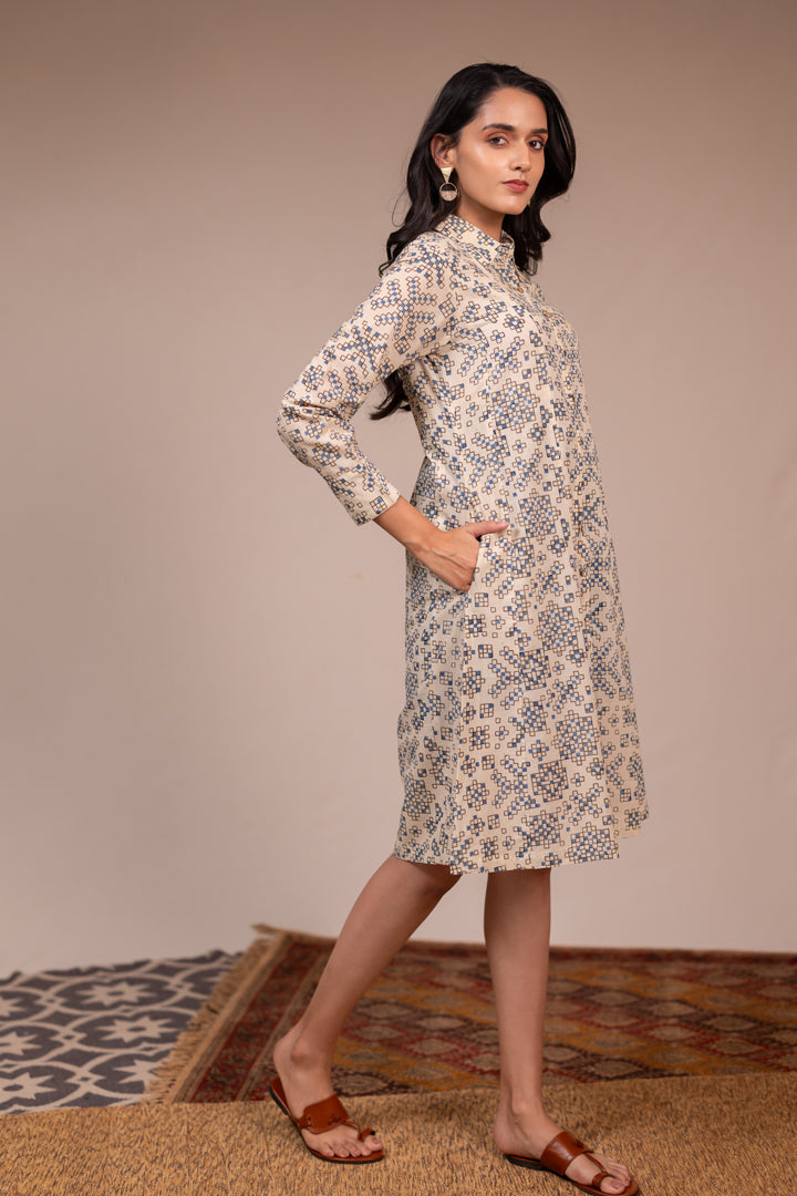Ajrakh Printed Cotton Shirt Dress with Pockets in Off-White – Rekh