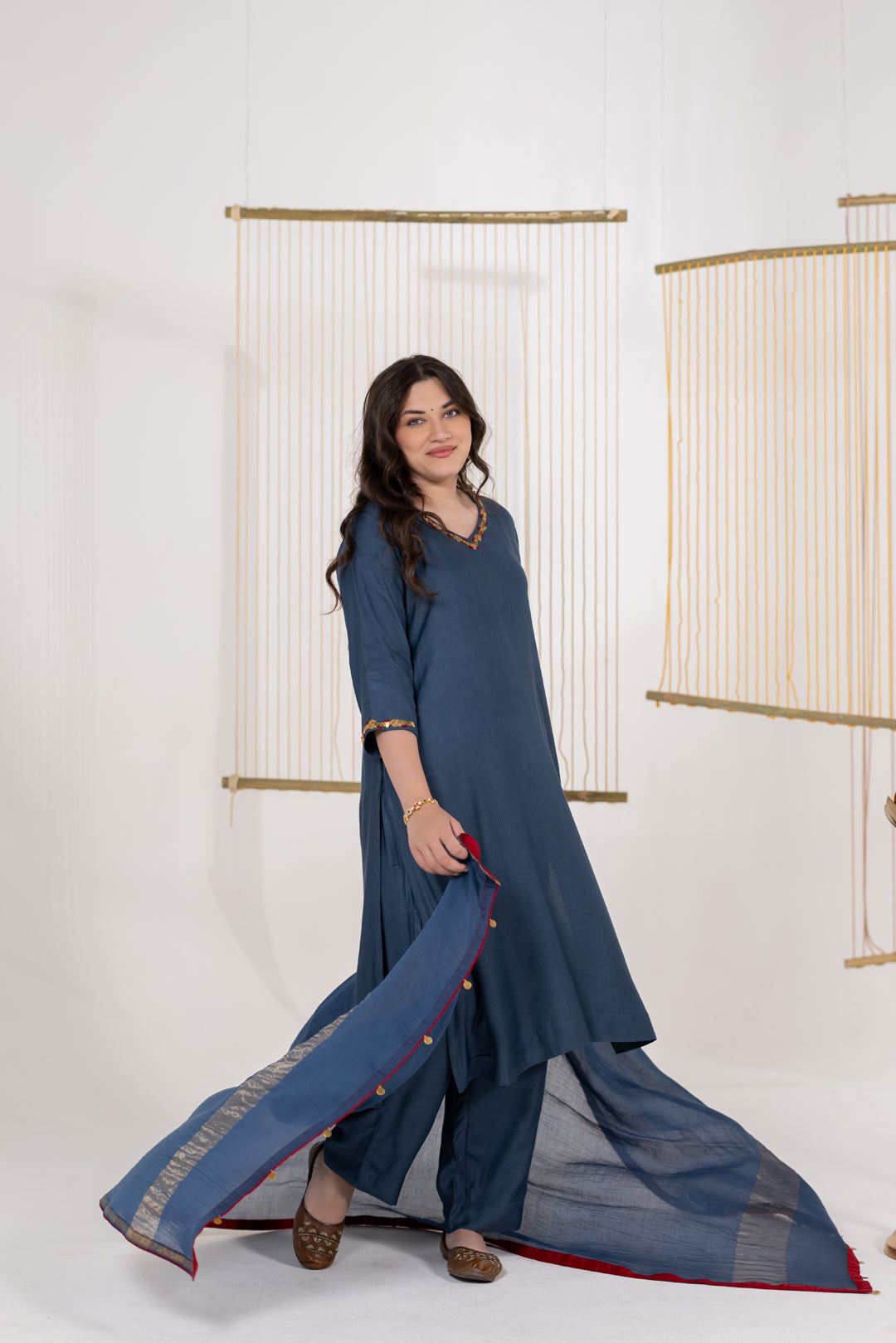 Ajrakh Blue Kurta Set of 3 in Cotton Silk with Khat Work - Dhaaga