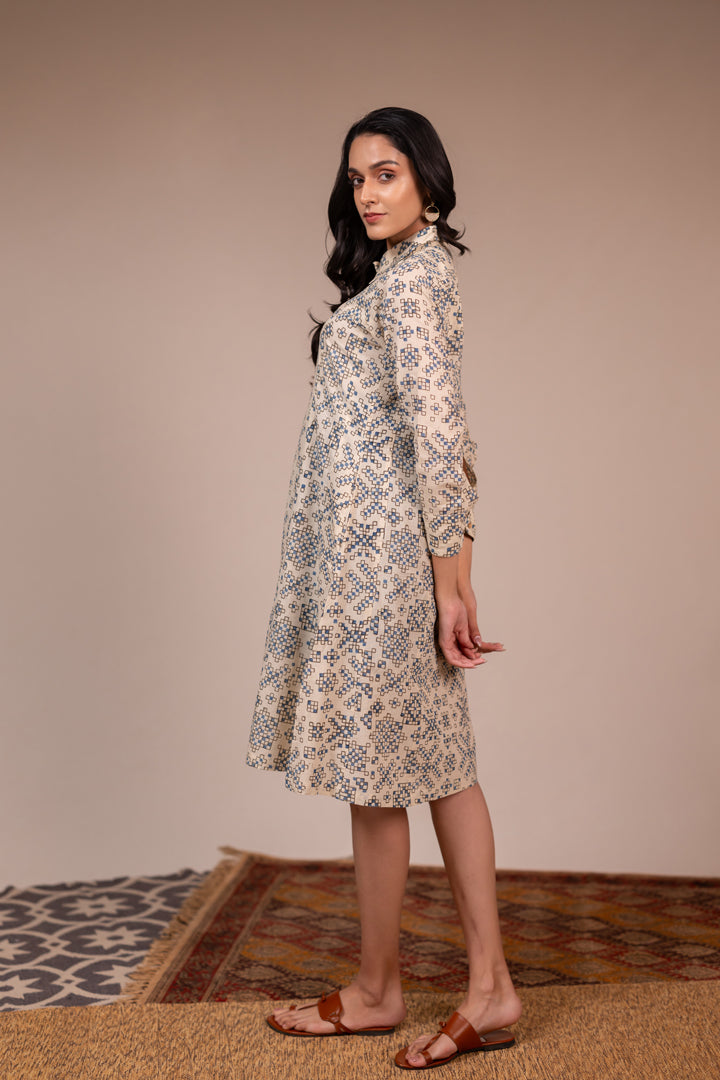 Ajrakh Printed Cotton Shirt Dress with Pockets in Off-White – Rekh