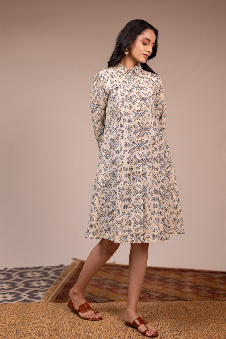 Ajrakh Printed Cotton Shirt Dress with Pockets in Off-White – Rekh