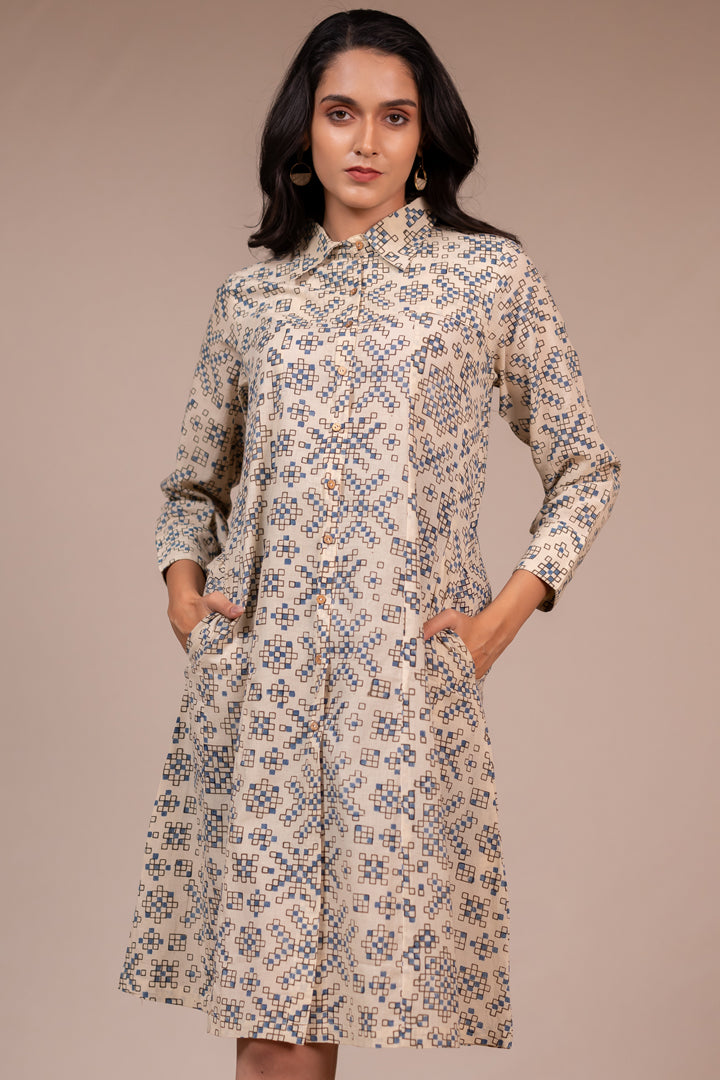 Ajrakh Printed Cotton Shirt Dress with Pockets in Off-White – Rekh