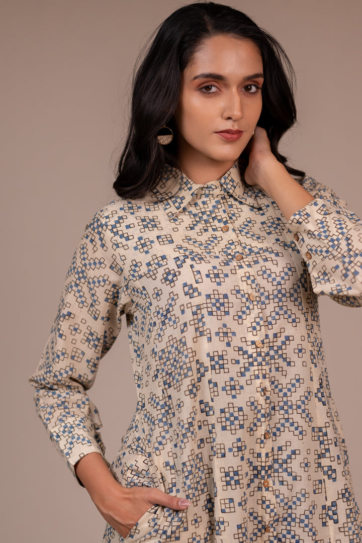 Ajrakh Printed Cotton Shirt Dress with Pockets in Off-White – Rekh
