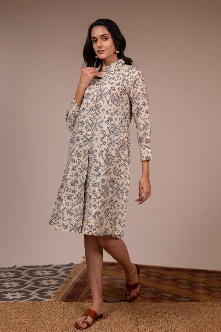 Ajrakh Printed Cotton Shirt Dress with Pockets in Off-White – Rekh