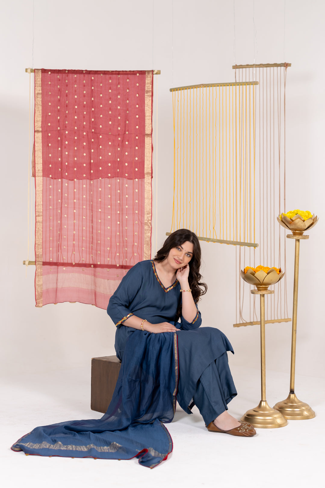 Ajrakh Blue Kurta Set of 3 in Cotton Silk with Khat Work - Dhaaga