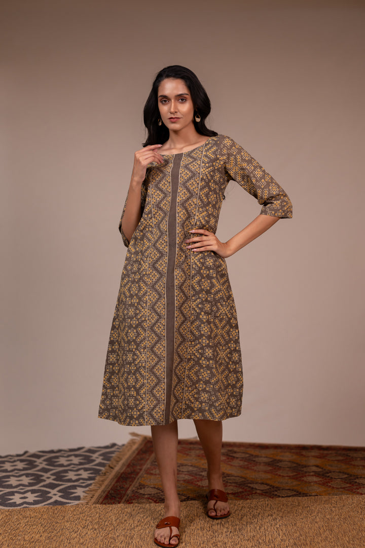Light Brown Ajrakh Hand Block Printed Cotton Dress – Rekh