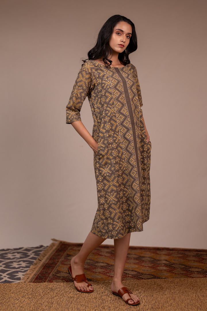 Light Brown Ajrakh Hand Block Printed Cotton Dress – Rekh