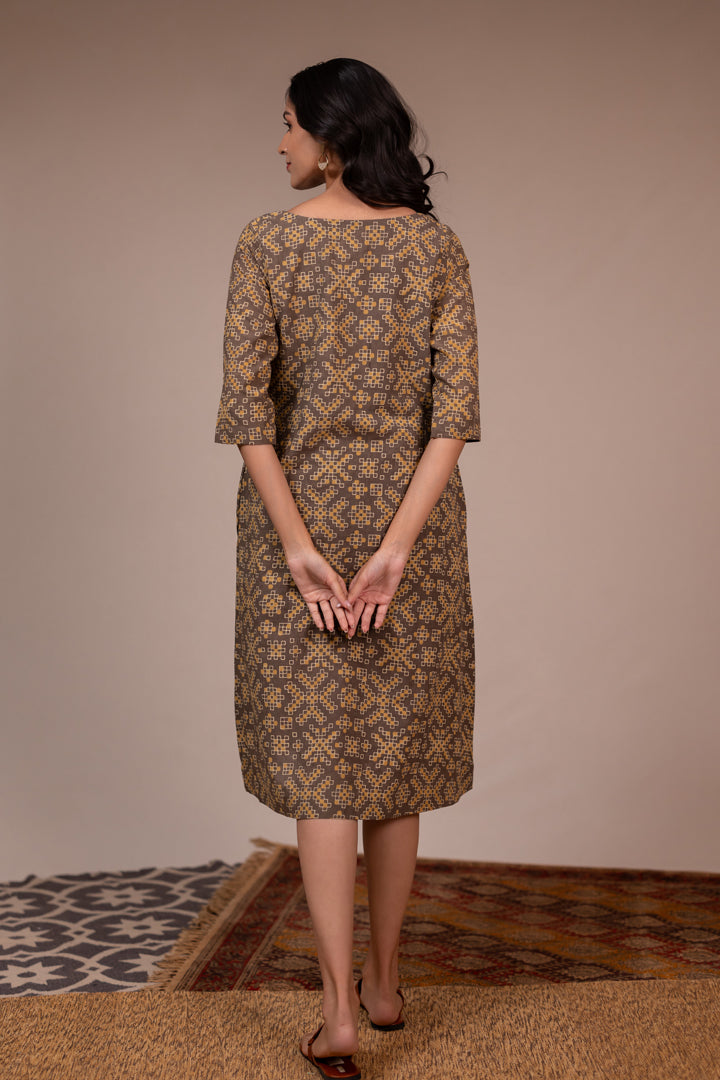 Light Brown Ajrakh Hand Block Printed Cotton Dress – Rekh