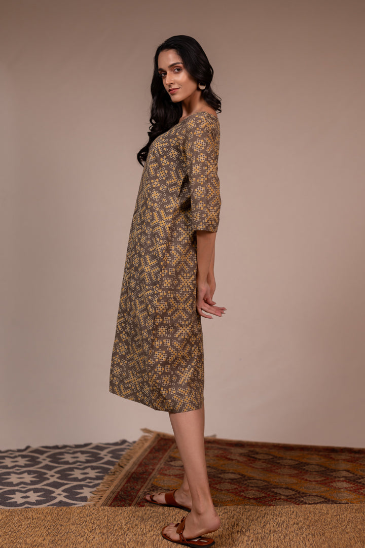 Light Brown Ajrakh Hand Block Printed Cotton Dress – Rekh