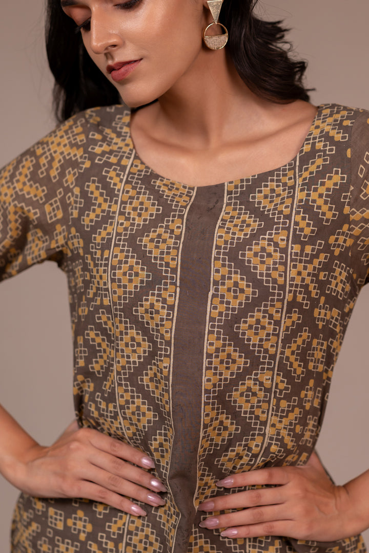 Light Brown Ajrakh Hand Block Printed Cotton Dress – Rekh