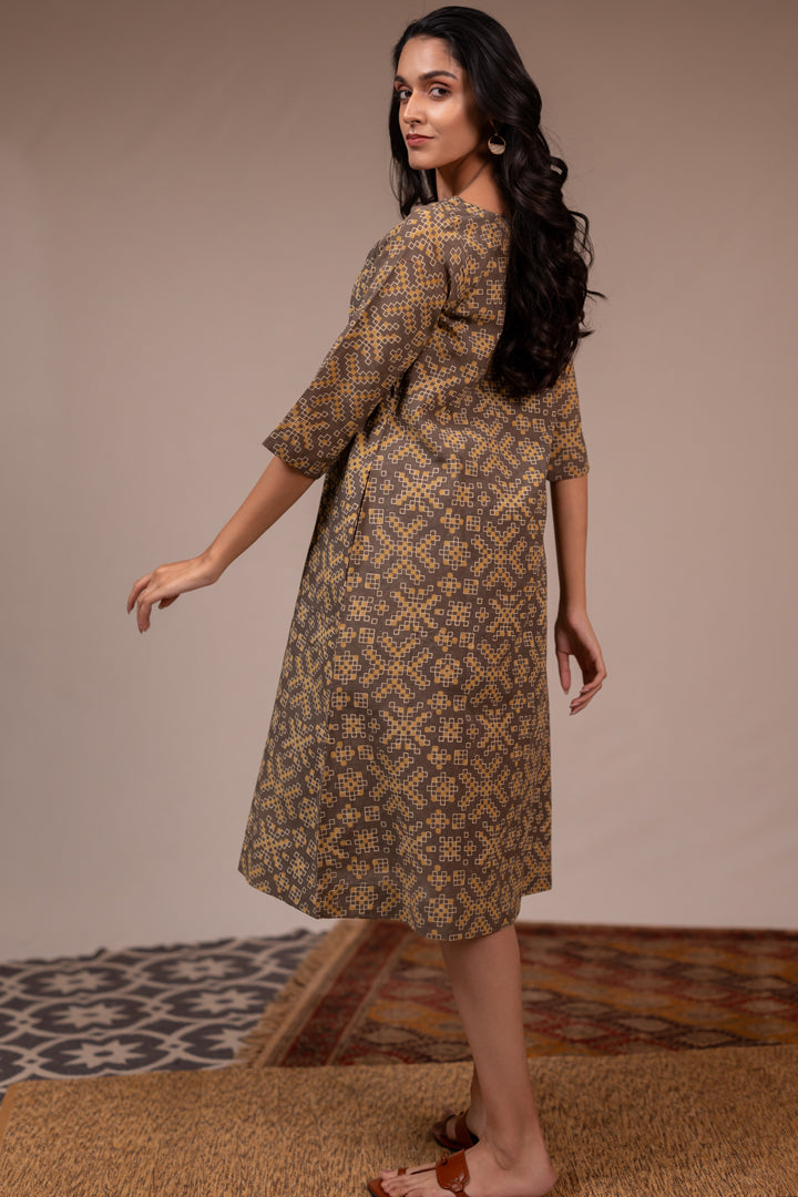 Light Brown Ajrakh Hand Block Printed Cotton Dress – Rekh