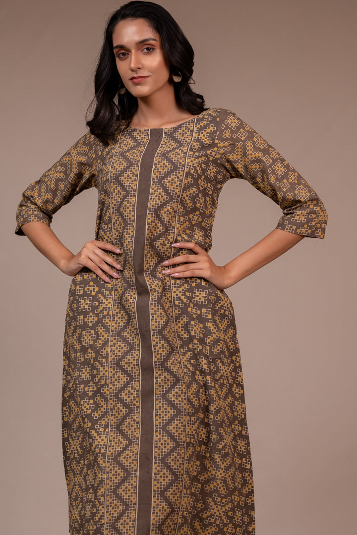 Light Brown Ajrakh Hand Block Printed Cotton Dress – Rekh