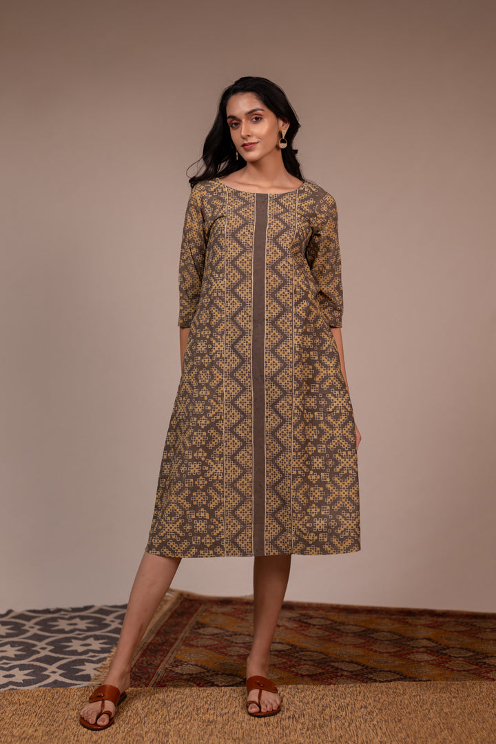Light Brown Ajrakh Hand Block Printed Cotton Dress – Rekh