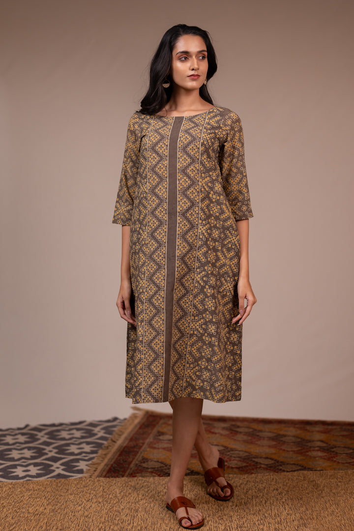 Light Brown Ajrakh Hand Block Printed Cotton Dress – Rekh